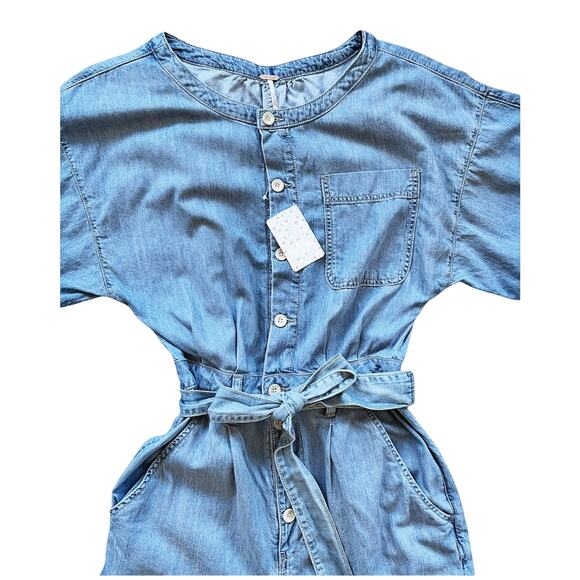 FREE PEOPLE Jumpsuit Marley Denim Short Sleeve Belt High Rise Button Blue Small - Picture 6 of 10